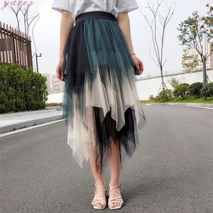 Przyjazd 2021 wielojęzyczny wielowarstwowy nieregularny spódnica z siatki elastyczna talia kobieta plisowana midi japońskie tiulowe spódnice