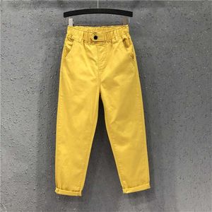 Chegada Verão Mulheres Harem Calças All-Matched Casual Algodão Calças Denim Cintura Elástica Plus Size Amarelo Branco Jeans D321 211112