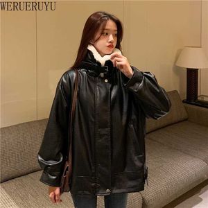 WERUERUYU Women Autumn Winter Black Faux Leather Jackets Zipper Basic Coat Turn-down Collar Motor Biker Jacket 210608