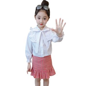 Kleidung für Mädchen Bluse Plaid Rock Kostüm Big Bow Teenager Casual Style Kid 210528