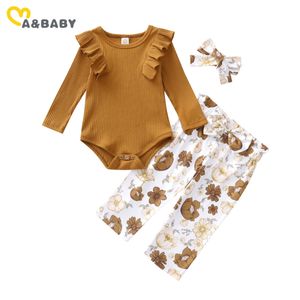 0-24m primavera outono nascido infantil bebê menina flor roupa conjunto de malha manga comprida romper rebflles calças florais roupas 210515