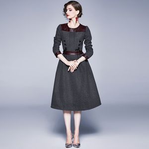 Coreano Outono Primavera Mulheres Slim Office Vestido Pu Couro Retalhos Lace Up Dress Médio e Longo Prazo Um vestido de linha 210514