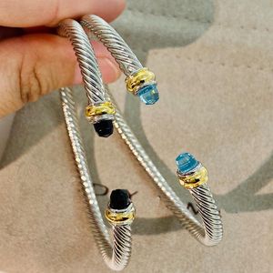 Pulseras De Brazalete De Oro Amarillo al por mayor-Brazalete de colección clásica de cable de brazalete con topacio azul y negro onyx K oro amarillo