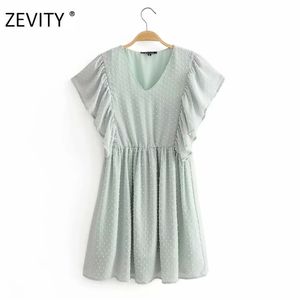 Women fashion v neck dots stitching casual chiffon Dress female pleats butterfly sleeve Vestidos Chic Dresses DS4376 210420