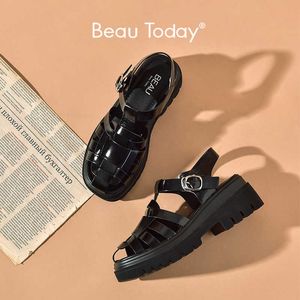 BeauToday Gladiator-Sandalen, Plattform, Damen, Rindsleder, gewebtes Design, T-Riemen, Keile, Retro-Sommer-Damenschuhe, handgefertigt, 38174 210624