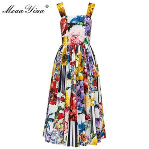 Bohemian Floral Vacation Midi Dresses Fashion Designer Women's Summer Cotton Spaghetti Strap Beach Dress 210524