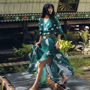 Chiffon Sexy 2 Pieces Printed Beach Dress Boho Long Summer Vintage Tunic Women Wear Swim Suit Cover Up Sheer A872 210420