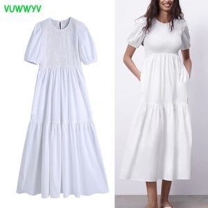 Vuwwyv vit smock pläterad midi klänning kvinnor sommar smal födelsedagsfest kvinna kort puff ärm elastisk vestidos 210430