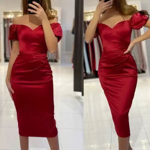Dark Red Prom Dresses Satin Off The Shoulder Short Sleeves Sheath Custom Made Tea Length Tail Evening Party Gown Vestidos Plus Size 403 403