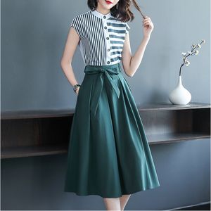 Summer Casual Due pezzi Camicie a righe senza maniche da donna Top + Bow Midi Set Office Ladies Business Green Skirt Suit 210416