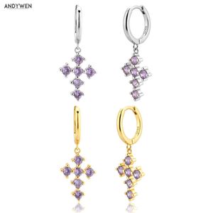 ANDYWEN 925 Sterling Silver Gold Purple Drop Earring Rock Punk Luxury Women Cross Pendiente Ohrrigne Jewelry 210608