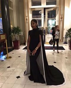 Black White and Evening Dresses Satin High Nek with Cape Sweep Train Custom Made Prom Party Gown Formal Ocn Wear Vestidos Sleeveless Plus Size