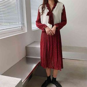 Elegant Polka Dot Printed Women Chiffon Dress Vintage Loose Long Female Lace-up Pleated A-line Chic Bow Vestidos Femme 210520