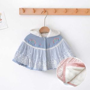 Infant Baby Girls Flower Lace Cape for Toddler Pink Emroidery Fashion Hooded Cloak Children Ins Clothing 210529