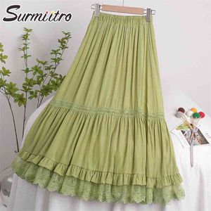 Fashoin koreanska sommar lång kjol kvinnor spets patchwork laciness hög midja estetisk midi pläterad kvinnlig 210421