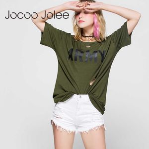 Jocoo Jolee Solide durchbohrte Loch T-Shirt Frauen Mode Brief kurze Ärmel Sommer beiläufige lose Marke lange Design Shirts für Dame 210619