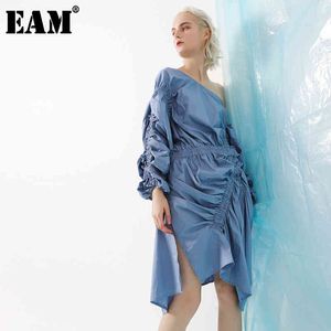 [Eam] primavera outono redondo pescoço manga comprida azul plissado cordão hem desanex tamanho grande vestido mulheres moda jo366 21512
