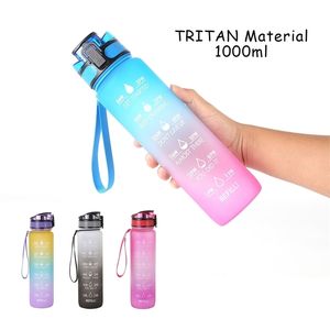1L Tritan Material Water Bottle with Time Marker BPA Free Frosted Leakproof Portable Reusable Cup For Outdoor Sports Fitness 211122