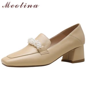 Natural Genuine Leather Women Shoes Square Toe Med Heels Pearl Block Heel Pumps Ladies Footwear Spring Apricot 210517