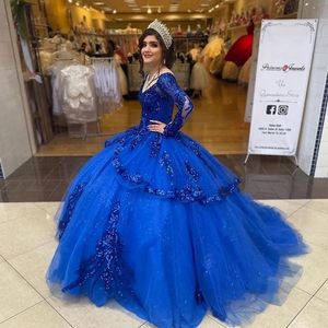 2021 Royal Blue QuinceaneraドレスVネックロングスリーブキラキラスパンコールアップリケプリンセスボールガウンスウィー15ドレスプロムPageant 16ブリスデーパーティー