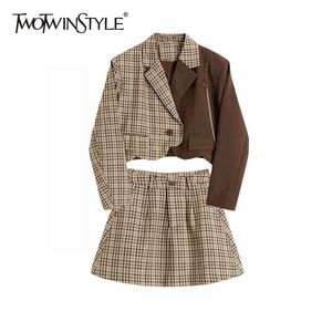 Twotwinstyle casual xadrez two peça para mulheres lapela manga longa short blazer mini saia feminina conjuntos outono elegante 210517