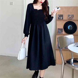 Francês elegante manga cheia longo vestido preto quadrado colarinho mulheres gótica fada vestido casamento festa de casamento uma peça primavera roupas 210409