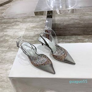 Designer Mesh Baotou Sandals Stiletto 2021 Verão Genuíno de Couro Strass One-palavra Buckle Strap Wild Heaves Saltos