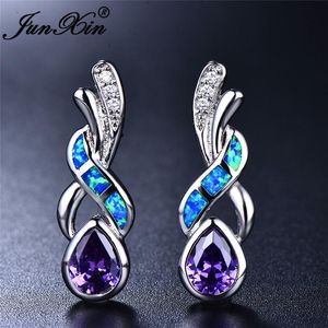 Stud Junxin Purple White Blue Fire Opal oorbellen vrouwelijk goud gevulde druppel peer zirkoon roze kristal voor vrouwen