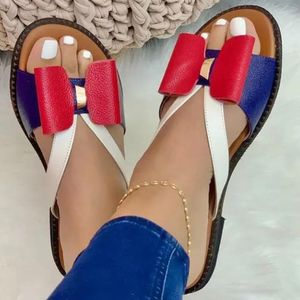 New Woman Slippers Flat Color-Block Bow Female Sandals Summer Soft Comfy Women Casual Fashion Outdoor Beach Ladies Slides Y0427