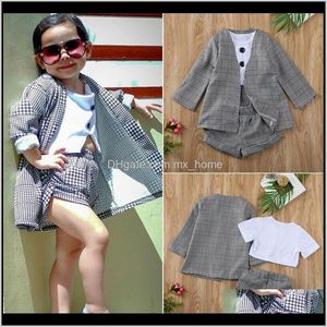 Layette kläder baby barn moderskap droppe leverans 2021 16 år söt född baby flicka barn set print plaid kort skjorta topp byxor kappa formell cl