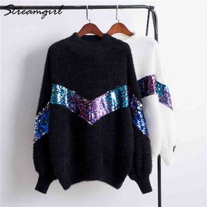 Sweter Mohair z cekinami Kobiety Biały Turtleneck Sweter Sweter Swetry Kobiety Sweters Patch Grube Zimowe Ciepłe Swetry 210421