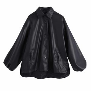 여성 가을 ​​PU 캐주얼 느슨한 자켓 코트 긴 소매 솔리드 블랙 싱글 브레스트 여성 패션 스트리트 자켓 겉옷 210513