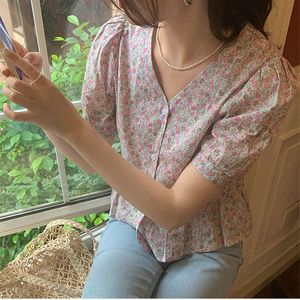 2colors Korean Style V neck Floral Short Sleeve Shirt Summer Vintage Cotton Blouse (X1910) 210423