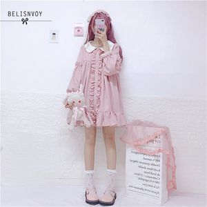 Japanese Sweet Lolita Dress Women Harajuku Solid Pink Bow Peter Pan Collar Cosplay Costume Kawaii Anime Party Mini 210520