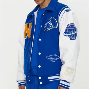 中性青いvarsity Bomberのジャケットの男のコントラストスリーブPUレザーコート刺繍翡翠カジュアルロンドン野球のジャケット女性211117