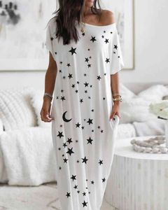 Kvinnor Summer Elegant Short Sleeve Stars Print Casual Dress 210415