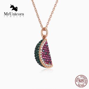 MrUnicorn S925 Silver Summer watermelon necklace lady sweet fruit pendant sterling silver collarbone chain birthday gift