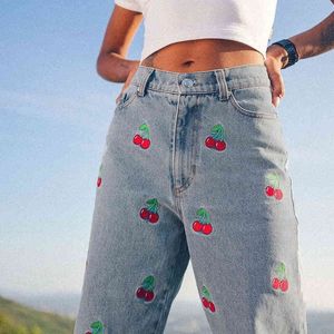 Sweet Cherry Embroidery High Waisted Jeans För Kvinnor Höst Full Length Cute Blue Y2K Slim Demin Pencil Pants Streetwear 210415