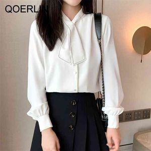 Белая элегантная блузка женщины корейский стиль шифон рубашка однобортный с длинным рукавом бабочка топ плюс размер ol дамы 210601