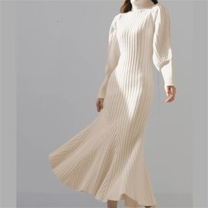 Высокое качество осенью зима густая русалка вязание свитера платья элегантный фонарь рукава тонкий средняя длина женщин 210519