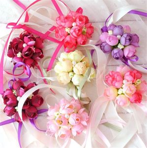 Wholsesle Wrist Corsage Bridesmaid Sisters Hand Artificial Silk Spets Bride Flowers for Wedding Party Decoration Bridal Prom DE123
