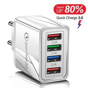UE US Plug USB Carregador Quick Charge 3.0 Adaptador de parede para iPhone Portable Mobile Charge 4 dispositivos simultaneamente