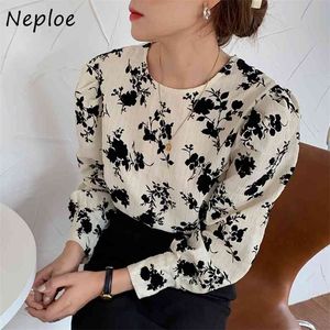O Neck Pullover Puff Long Sleeve Blouse Women Vintage Print Work Style Ol Slim Blusas Spring All Match Shirt 210422
