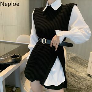 Neploe Spring Two-piece Set Fashiom Women Lantern Sleeve White Shirt Tops Knit Sweater Vest with Belted Femme 2 Piece Set 210422