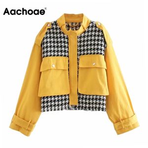 Aachoee safari estilo retalhos mulheres jaqueta outono mola laço decorar bolso casaco senhora retro colhido tops outerwear 210413