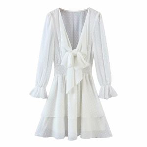 Elegancka Biała Bowknot Wzburzona Waist Elastyczność Dress Latarnia Z Długim Rękawem Mini Kobiety V Neck Casual 210531