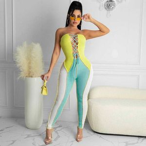 Moda Sem Mangas Contraste Color Frente Lacing Hollow Out Jumpsuits Casual Mulheres Verão Vestuário Party Club Streetwear 210604