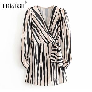 Zebra Stripe Mini Sukienka Kobiety Bow Tie Linii Party Ladies V Neck Casual Długie Rękaw ES Vestidos Mujer 210508
