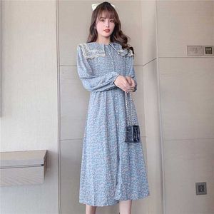 Ankomst Koreansk Elegant Kvinnors Kvinnlig Fransk Student Chiffon Högkvalitativ Sweet Floral Print Dress Vestidos 210529