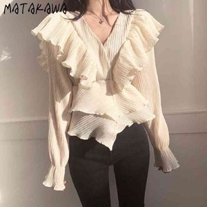 Matakawa مطوي البتلة خياطة النساء قمصان البلوزات منزعج الخامس الرقبة قميص الأزياء الكورية أضعاف تصميم مضيئة كم blusas 210513